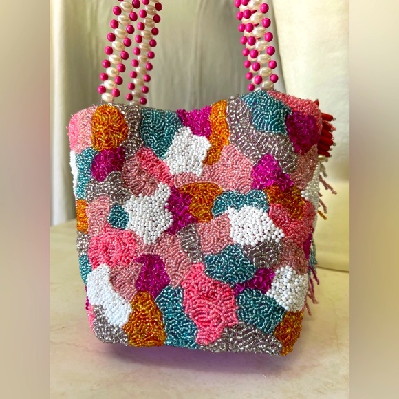 RARE Colorful Beaded Bag w/ Pearl Detail Strap, Anthropology Style, NWT - Picture 4 of 14